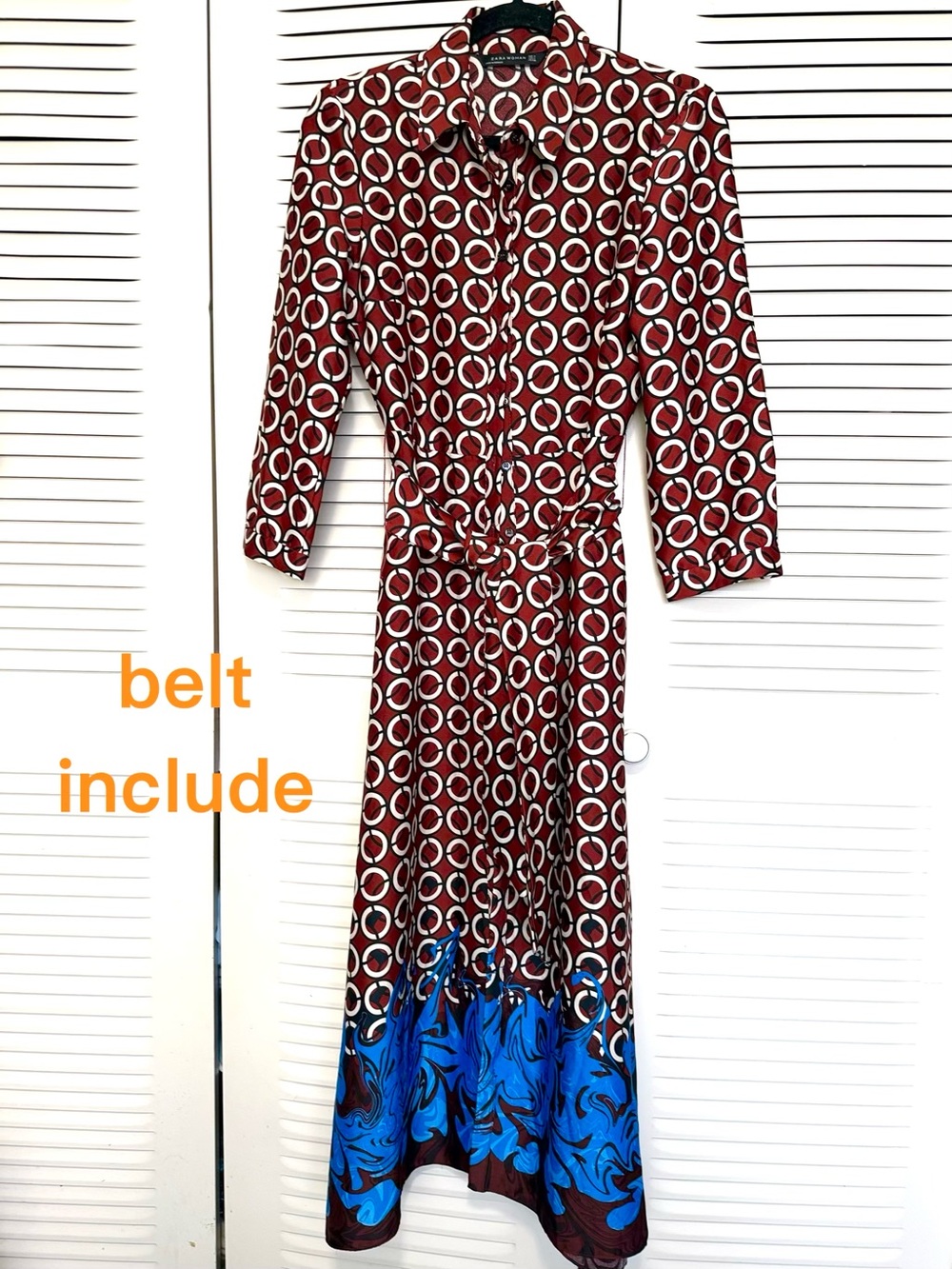 Zara Red Geometric Maxi Dress with Blue Border